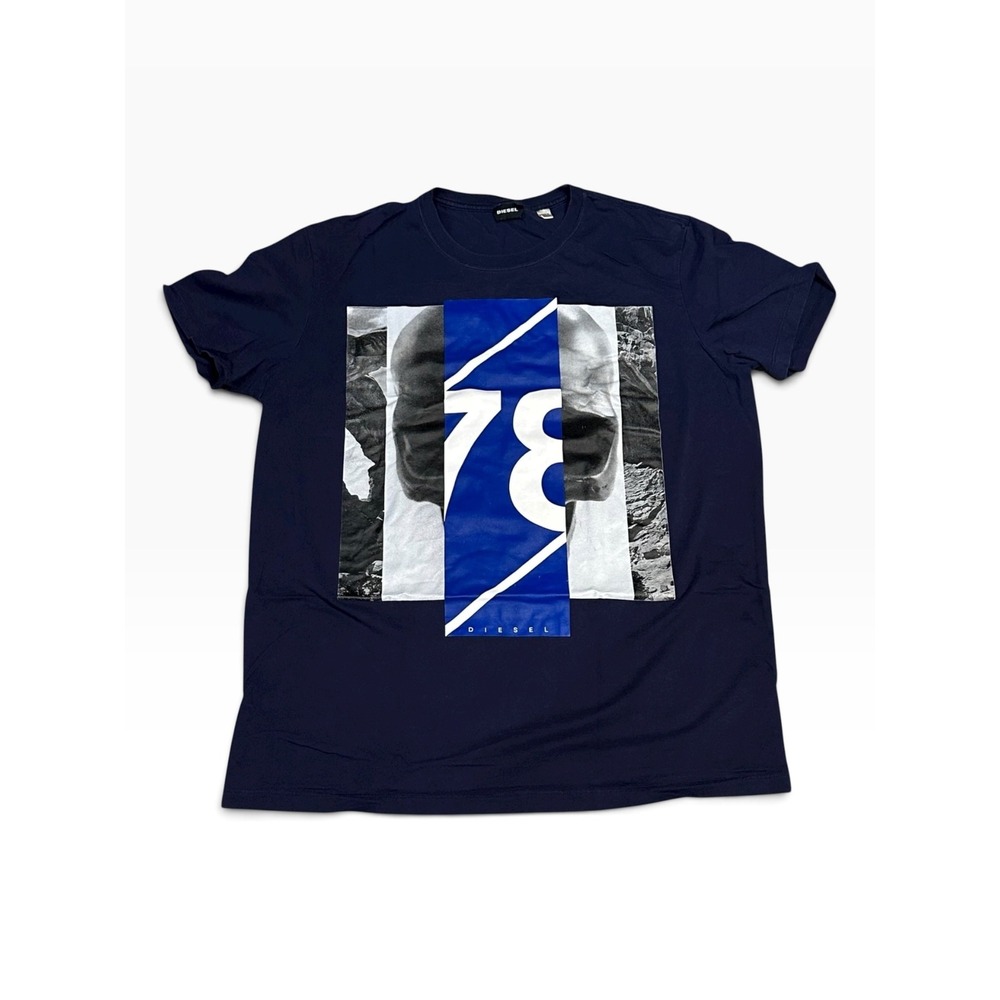 Diesel Graphic Tee Mens XL Navy Blue 78 Print Short Sleeve Cotton Tee
